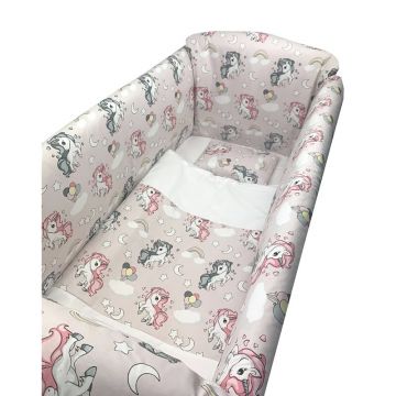 Lenjerie de patut bebelusi 140x70 cm cu aparatori Maxi Unicorni Roz