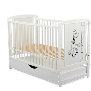 Patut din lemn Timmi BabyNeeds Girafa 120x60 cm cu sertar Alb + Saltea 10 cm