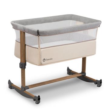 Patut co-sleeper, Lionelo, Leonie, Cu sistem de leganare, Cu setare unghiulara, Reglabil in 5 pozitii pe inaltime, Conform cu standardele europeane de securitate EN1130 si EN16890, Beige Sand