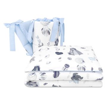 Lenjerie patut cu 3 piese, MimiNu, Pentru patut 120x60 cm, Cu protectie laterala, Din bumbac certificat Oeko Tex Standard 100, Baby Shower Blue