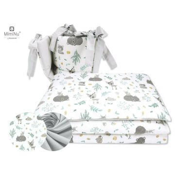 MimiNu - Lenjerie patut 3 piese, Cu protectie laterala, Din bumbac certificat Oeko Tex Standard 100, Pentru patut 120x60 cm, Forest friends Grey/Mint
