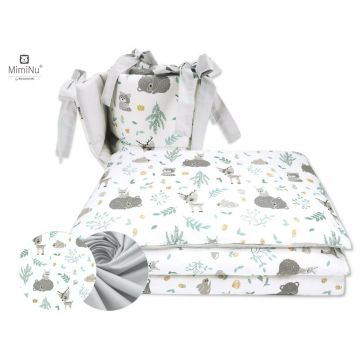 Lenjerie patut cu 3 piese, MimiNu, Pentru patut 120x60 cm, Cu protectie laterala, Din bumbac certificat Oeko Tex Standard 100, Forest friends Grey/Mint