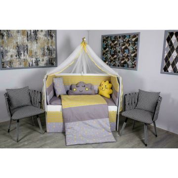 MyKids - Lenjerie 10 piese Cloud, Fara baldachin, din Bumbac, 120x60 cm, Gri/Galben