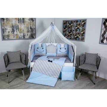 MyKids - Lenjerie 10 piese Figures, Fara baldachin, din Bumbac, 120x60 cm, Albastru/Gri