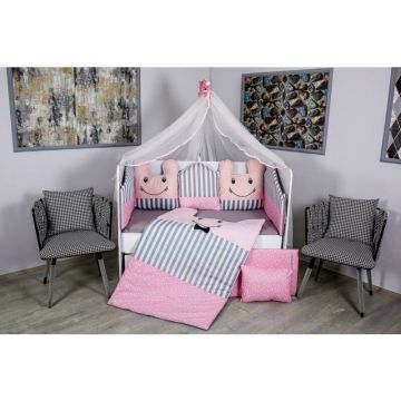 MyKids - Lenjerie 10 piese Figures, Fara baldachin, din Bumbac, 120x60 cm, Gri/Roz