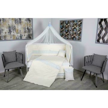 MyKids - Lenjerie 11 piese Cream, Cu baldachin, din Bumbac, 120x60 cm, Albastru/Bej
