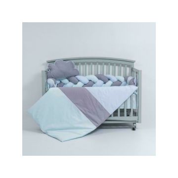 MyKids - Lenjerie 6 piese, Fara baldachin, Cu aparatoare impletita, din Bumbac, 120x60 cm, Albastru/Gri