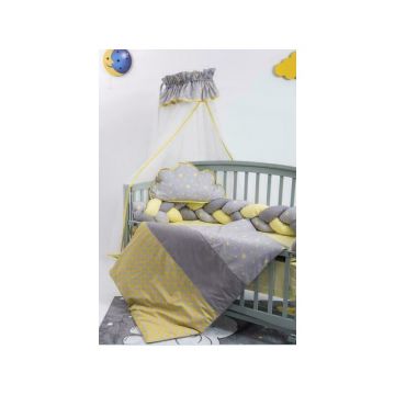 MyKids - Lenjerie 8 piese, Cu baldachin, din Bumbac, 120x60 cm, Galben/Gri