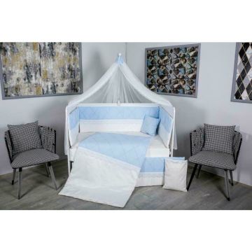 MyKids - Lenjerie 9 piese Squars, Fara baldachin, din Bumbac, 120x60 cm, Alb/Albastru