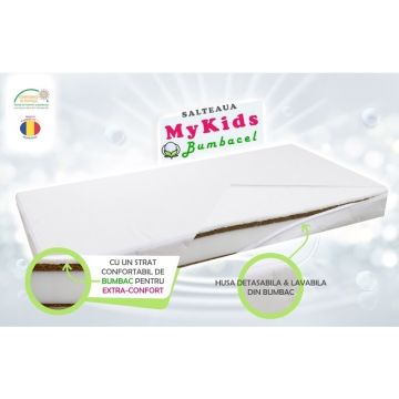 MyKids - Saltea pentru patut Bumbacel din Bumbac, 120x60 cm, 9 cm Cocos-Spuma-Cocos-Bumbac, Alb