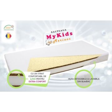 MyKids - Saltea pentru patut Merinos din Bumbac, 120x60 cm, 9 cm Cocos-Spuma-Cocos-Lana, Alb