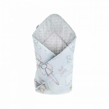 Qmini - Paturica de infasat cu fata dubla Minky Wrap, Nou-nascut, Din Bumbac, 80x80 cm, Rabbit Night