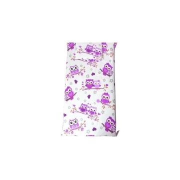 Set Paturica bebe cu Cearsaf si Pernuta pt pat 120x60 cm Bufnite cu violet