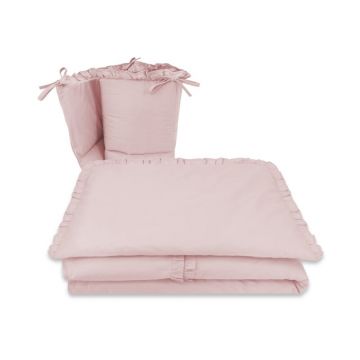Lenjerie patut cu 3 piese, MimiNu, Pentru patut 120x60 cm, Cu volanase, Cu protectie laterala, Din bumbac certificat Oeko Tex Standard 100, Colectia Royal, Powder Pink