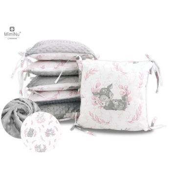 MimiNu - Aparatoare cu 6 pernute modulare, Cu doua fete, Cu fermoar, Cu husa detasabila si lavabila, Pentru patut 120X60 cm, Din bumbac 100% si tesatura pufoasa Minky, Materiale certificate Oeko Tex Standard 100, Minky Lulu Rose Gray