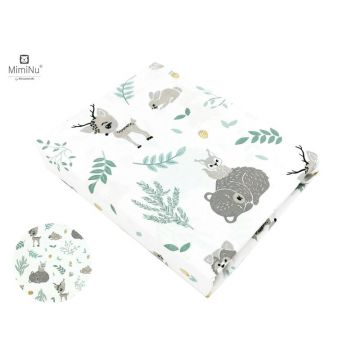 Cearceaf cu elastic, MimiNu, Pentru patut 140X70 cm, Din bumbac certificat Oeko Tex Standard 100, Forest friends Grey/Mint