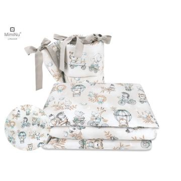 MimiNu - Lenjerie patut 3 piese, Cu protectie laterala, Din bumbac certificat Oeko Tex Standard 100, Pentru patut 120x60 cm, Design, Zoo on Bikes Nugat