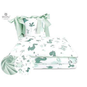 MimiNu - Lenjerie patut 3 piese, Cu protectie laterala, Din bumbac certificat Oeko Tex Standard 100, Pentru patut 120x60 cm, Dino Mint