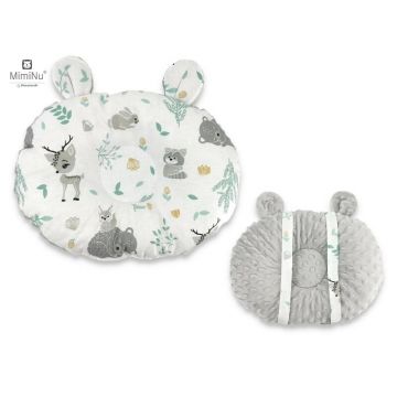 MimiNu - Perna bebelusi Ursulet, Multifunctionala, Cu doua fete, Tesatura pufoasa minky si bumbac, Materiale certificate Oeko Tex Standard 100, Minky Grey/Forest Friends Grey/Mint