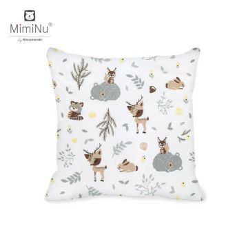 Perna clasica de dormit, MimiNu, Cu husa detasabila cu fermoar, Din bumbac certificat Oeko Tex Standard 100, 40x40 cm, Forest friends Grey/Beige