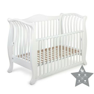 Patut cu laterala culisanta, bariera de protectie cu scara YappyLa:le din lemn de fag, Cu sina speciala pentru dentitie, Suport pentru saltea reglabil, YappyKids, 120x60 cm, Alb