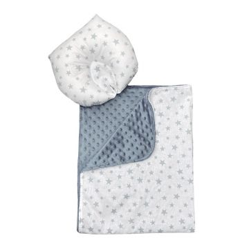 Set 2 piese Paturica dubla de iarna 90x70 cm cu perna formare cap Deseda Minky gri - Steluțe gri pe alb