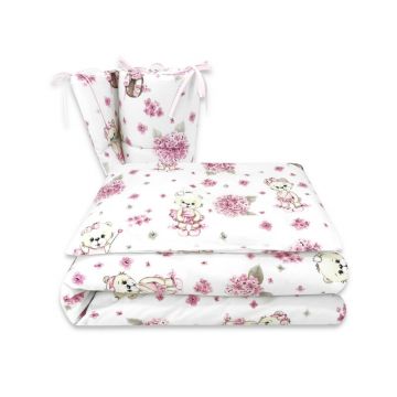 Lenjerie patut cu 3 piese, MimiNu, Pentru patut 120x60 cm, Cu protectie laterala, Din bumbac certificat Oeko Tex Standard 100, Design, Pink Ballerina