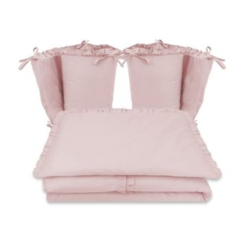 Lenjerie patut cu 4 piese, MimiNu, Pentru patut 120x60 cm, Cu doua protectii laterale, Cu volanase, Din bumbac certificat Oeko Tex Standard 100, Colectia Royal, Powder Pink