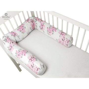 MimiNu - Aparatoare tip rulou pentru patut, Lungime 180 cm, Din bumbac certificat Oeko Tex Standard 100, Cu diametru de 10 cm, Peonie Pink