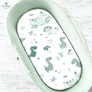 Cearceaf cu elastic, MimiNu, Pentru landou, carucior si cosulet, Dimensiune 80x35 cm, Din bumbac certificat Oeko Tex Standard 100, Dino Mint