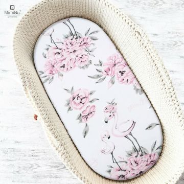 Cearceaf cu elastic, MimiNu, Pentru landou, carucior si cosulet, Dimensiune 80x35 cm, Din bumbac certificat Oeko Tex Standard 100, Peonie Pink