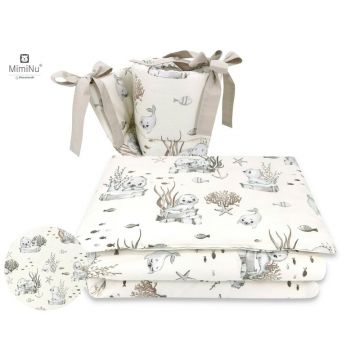 MimiNu - Lenjerie patut 3 piese, Cu protectie laterala, Din bumbac certificat Oeko Tex Standard 100, Pentru patut 120x60 cm, Design, Seal Beige