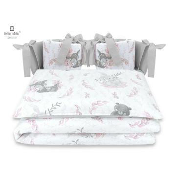 Lenjerie patut cu 4 piese, MimiNu, Pentru patut 120x60 cm, Cu doua protectii laterale, Din bumbac certificat Oeko Tex Standard 100, Lulu Rose