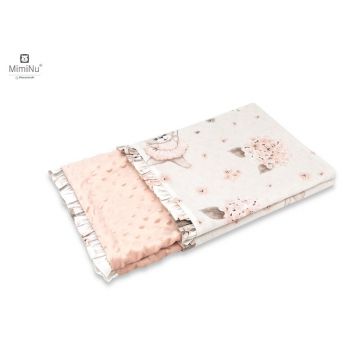 MimiNu - Paturica pufoasa cu doua fete, Cu volanas, Dimensiune 75x100 cm, Din tesatura minky si bumbac, Materiale certificate Oeko Tex Standard 100, Design, Powdery Pink Ballerina