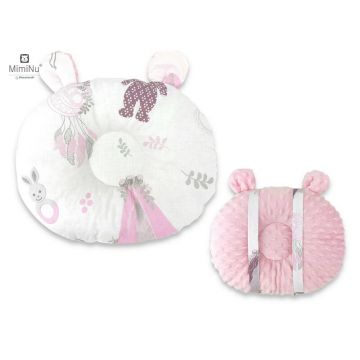 MimiNu - Perna bebelusi Ursulet, Multifunctionala, Cu doua fete, Tesatura pufoasa minky si bumbac, Materiale certificate Oeko Tex Standard 100, Minky Baby Shower Pink
