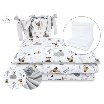 MimiNu - Set lenjerie patut 5 piese, Cu pilota si perna, Din bumbac certificat Oeko Tex Standard 100, Pentru patut 120x60 cm, Forest Friends Beige