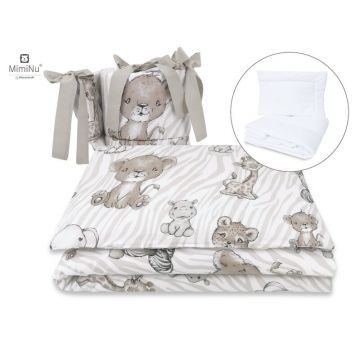 MimiNu - Set lenjerie patut 5 piese, Cu pilota si perna, Din bumbac certificat Oeko Tex Standard 100, Pentru patut 120x60 cm, Safari Beige