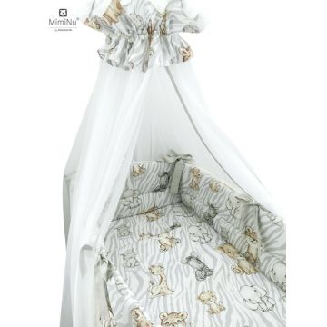 MimiNu - Set lenjerie patut 8 piese, Cu baldachin cu fundita 400 x 170 cm, Din bumbac certificat Oeko Tex Standard 100, Pentru patut 120x60 cm, Safari Natural