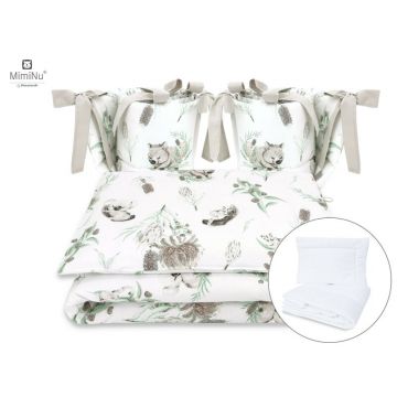 MimiNu - Set lenjerie patut cu 6 piese, Cu pilota si perna, Cu doua aparatori laterale, Din bumbac certificat Oeko Tex Standard 100, Pentru patut 120x60 cm, Australian Animals Beige