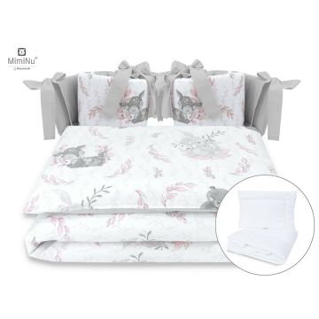 MimiNu - Set lenjerie patut cu 6 piese, Cu pilota si perna, Cu doua aparatori laterale, Din bumbac certificat Oeko Tex Standard 100, Pentru patut 120x60 cm, Lulu Rose