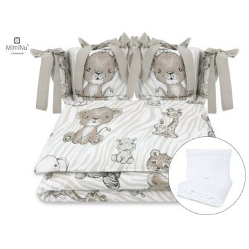 MimiNu - Set lenjerie patut cu 6 piese, Cu pilota si perna, Cu doua aparatori laterale, Din bumbac certificat Oeko Tex Standard 100, Pentru patut 120x60 cm, Safari Beige