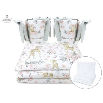 MimiNu - Set lenjerie patut cu 6 piese, Cu pilota si perna, Cu doua aparatori laterale, Din bumbac certificat Oeko Tex Standard 100, Pentru patut 120x60 cm, Sweet Deer Pink