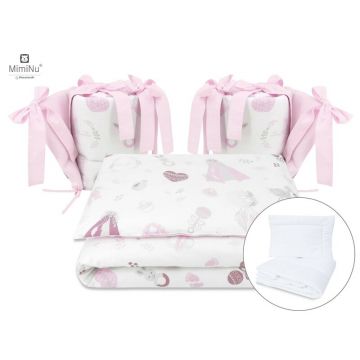 MimiNu - Set lenjerie patut cu 6 piese, Cu pilota si perna, Cu doua aparatori laterale, Din bumbac certificat Oeko Tex Standard 100, Pentru patut 120x60 cm, Baby Shower Pink