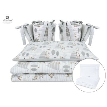 MimiNu - Set lenjerie patut cu 6 piese, Cu pilota si perna, Cu doua aparatori laterale, Din bumbac certificat Oeko Tex Standard 100, Pentru patut 120x60 cm, Forest