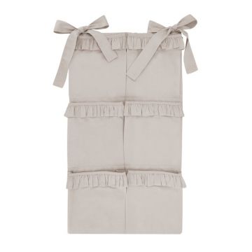 Organizator pentru patut, MimiNu, Din bumbac certificat Oeko Tex Standard 100, Cu 6 compartimente, Doua panglici, 70x40 cm, Cu volanase, Colectia Royal Beige