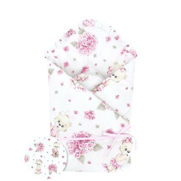 Paturica de infasat, MimiNu, Cu panglica, Cu multiple utilizari, Cu inchidere arici velcro, Dimensiune 75x75 cm, Din bumbac certificat Oeko Tex Standard 100, Design, Pink Ballerina