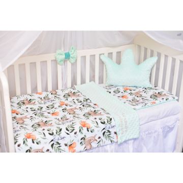 Paturica fermecata - Lenjerie 3 piese patut 140x70 cm model caprioare si plus verde menta