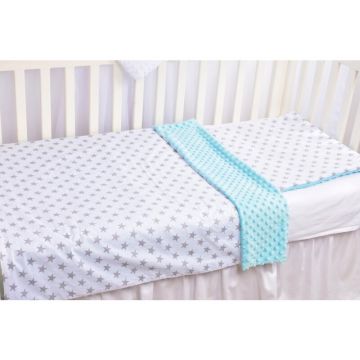 Paturica fermecata - Lenjerie 3 piese patut 140x70 cm model stelute gri si plus minky bleu