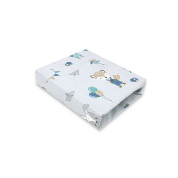 Cearceaf cu elastic, Qmini, Pentru patut 120X60 cm, Din bumbac certificat Oeko Tex Standard 100, Fox and Rabbit, Blue