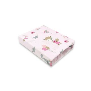 Cearceaf cu elastic, Qmini, Pentru patut 120X60 cm, Din bumbac certificat Oeko Tex Standard 100, Fox and Rabbit, Pink